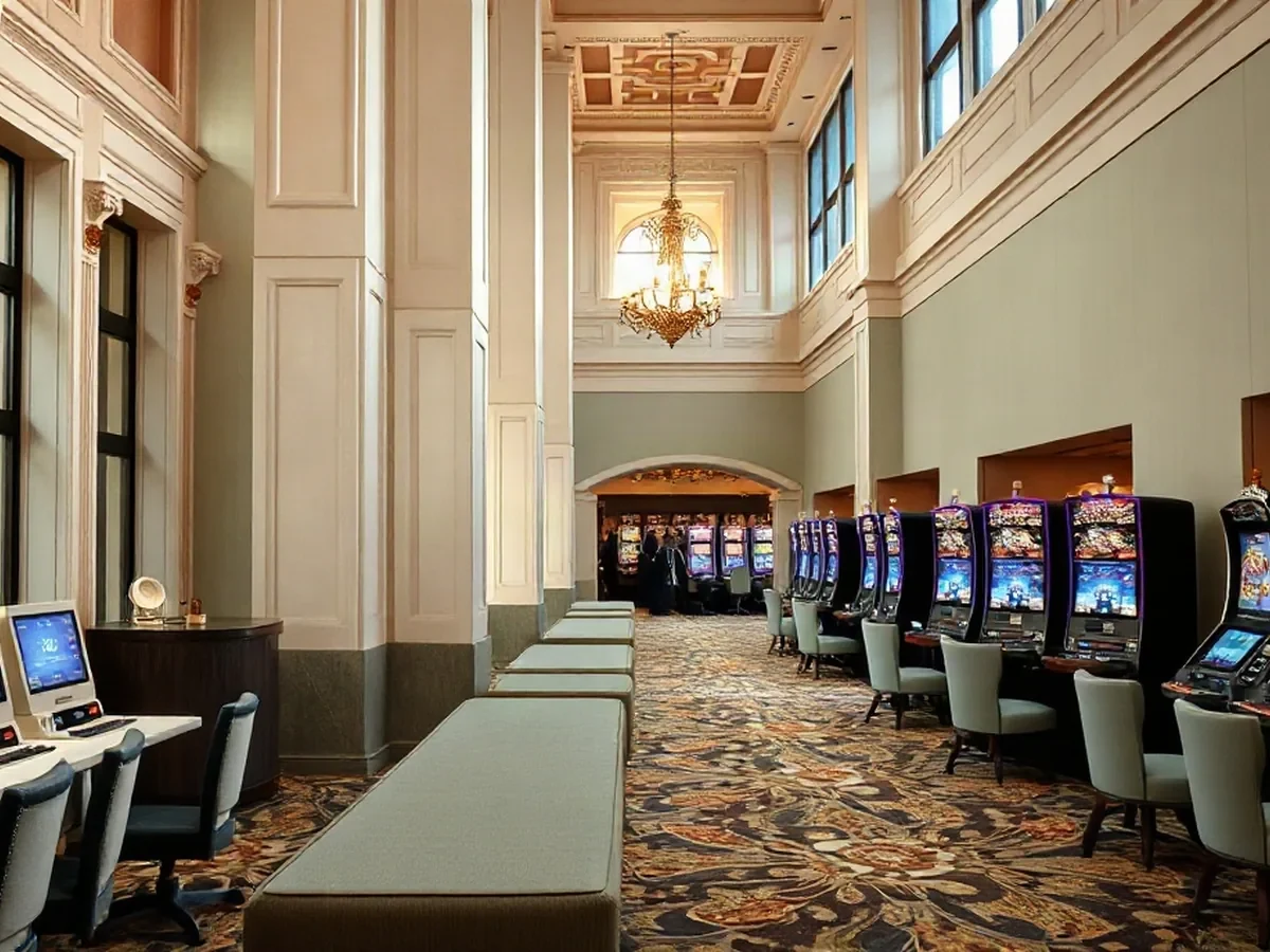 A row of slot machines glowing softly beside sage seating and pale stone