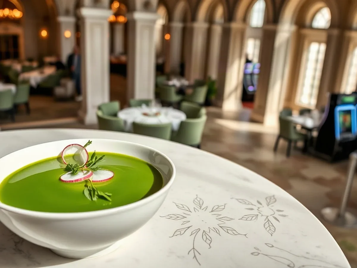 Chilled green pea soup topped with tarragon and crisp radish in an ivory bowl