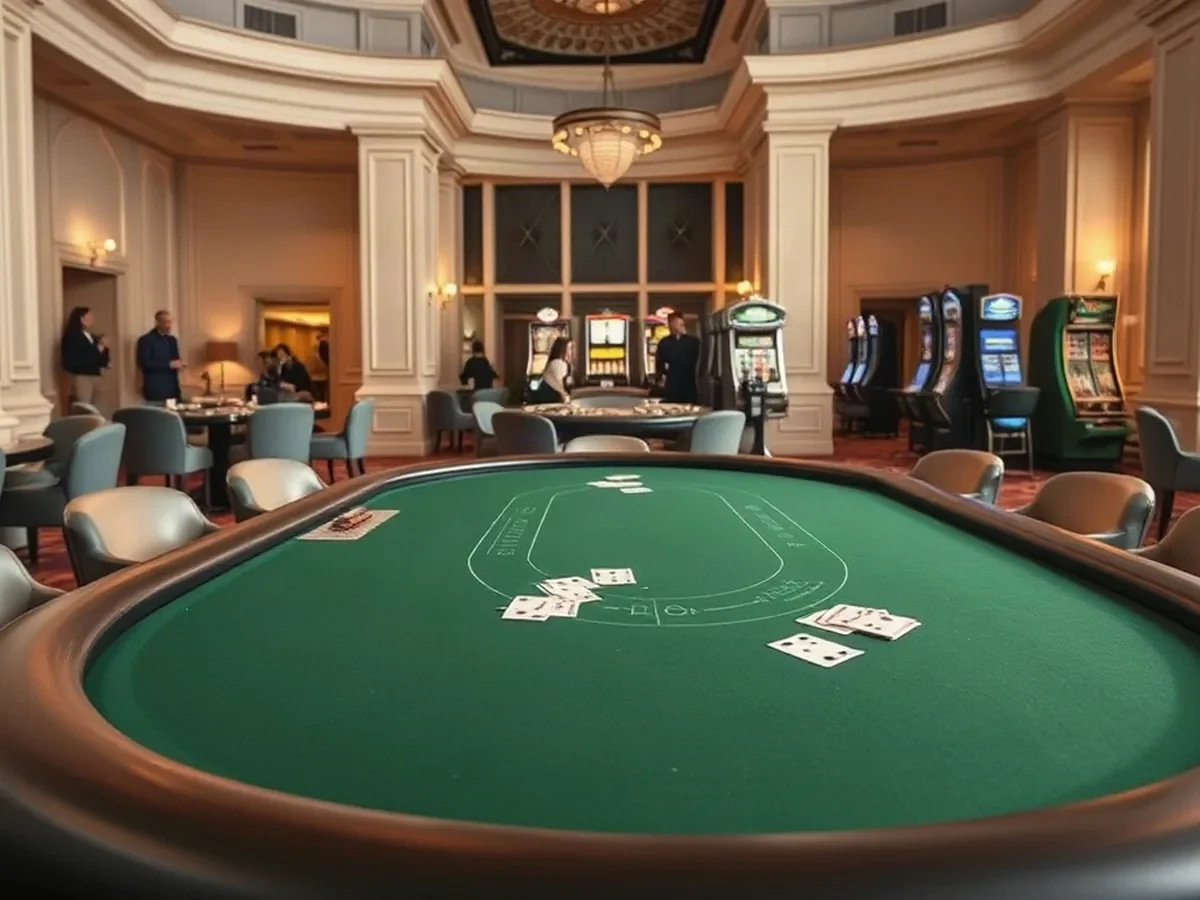 Green felt blackjack table with cards and a curved padded rail in warm gallery light