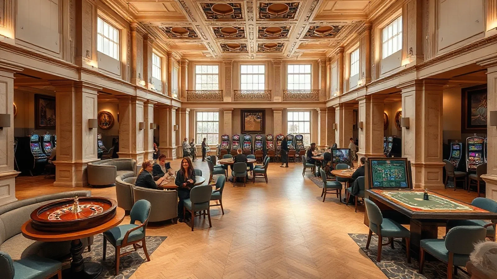 A broad gaming floor framed by pale plaster, ivory stone and sage seating in soft evening light