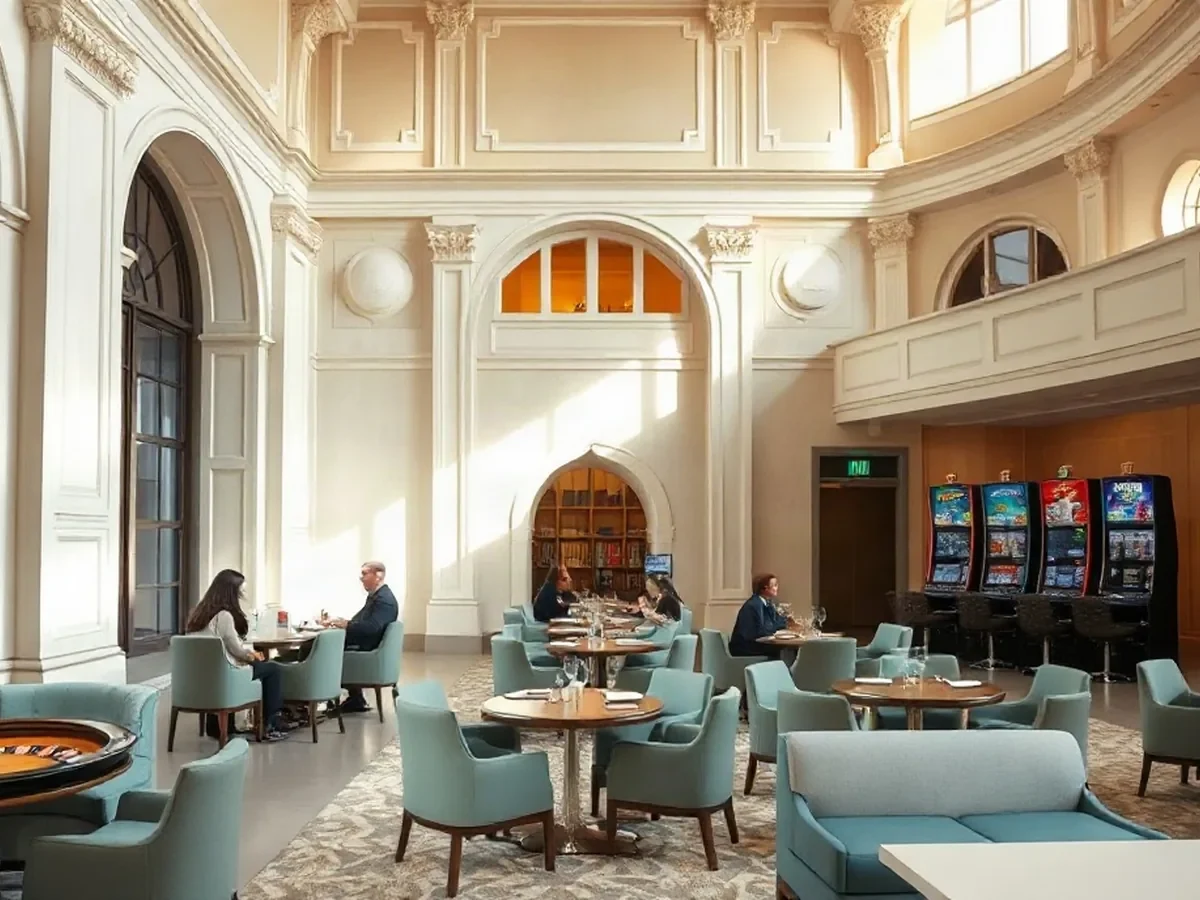 Physical gaming tables and slot machines beneath warm light in a pale, gallery-like room